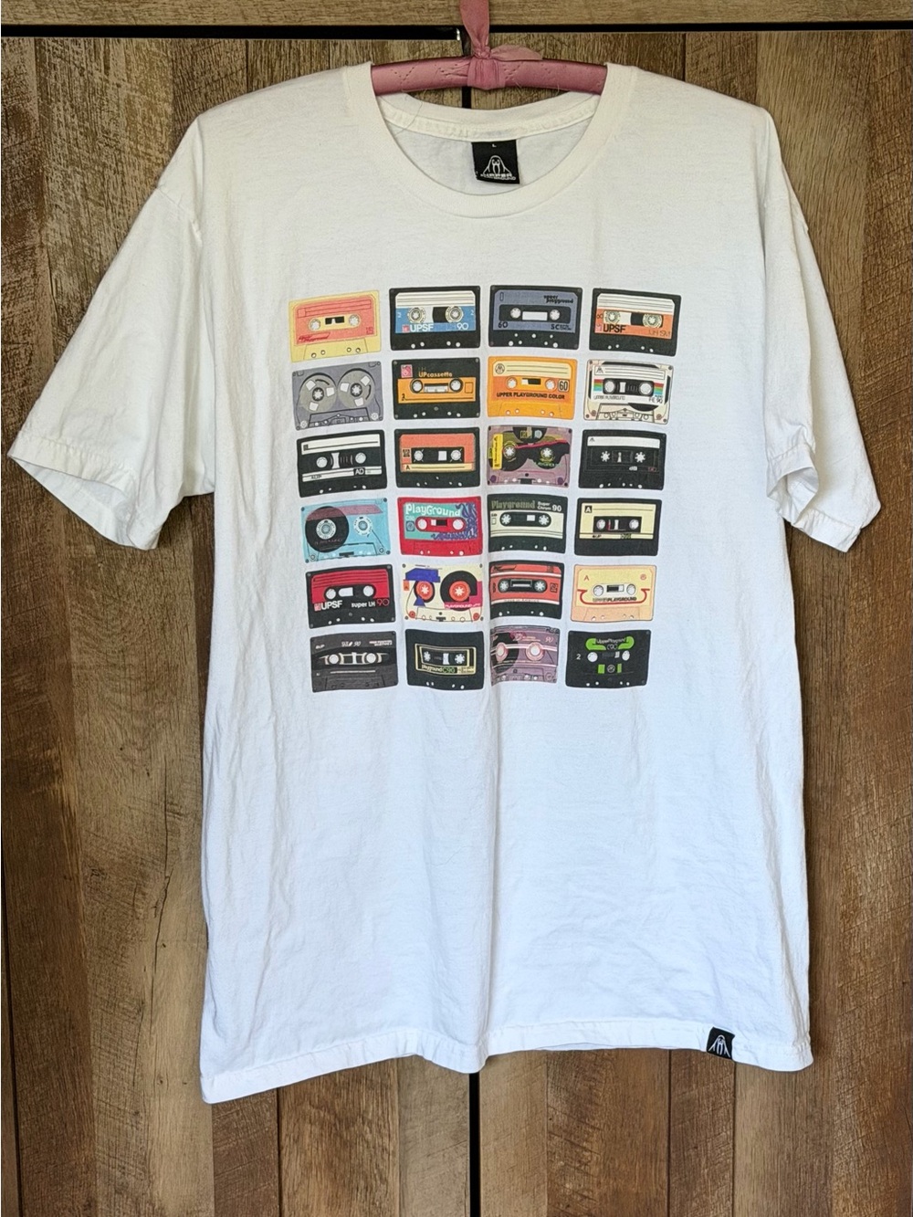 Men’s White T-Shirt with Colorful Retro Cassette Graphic